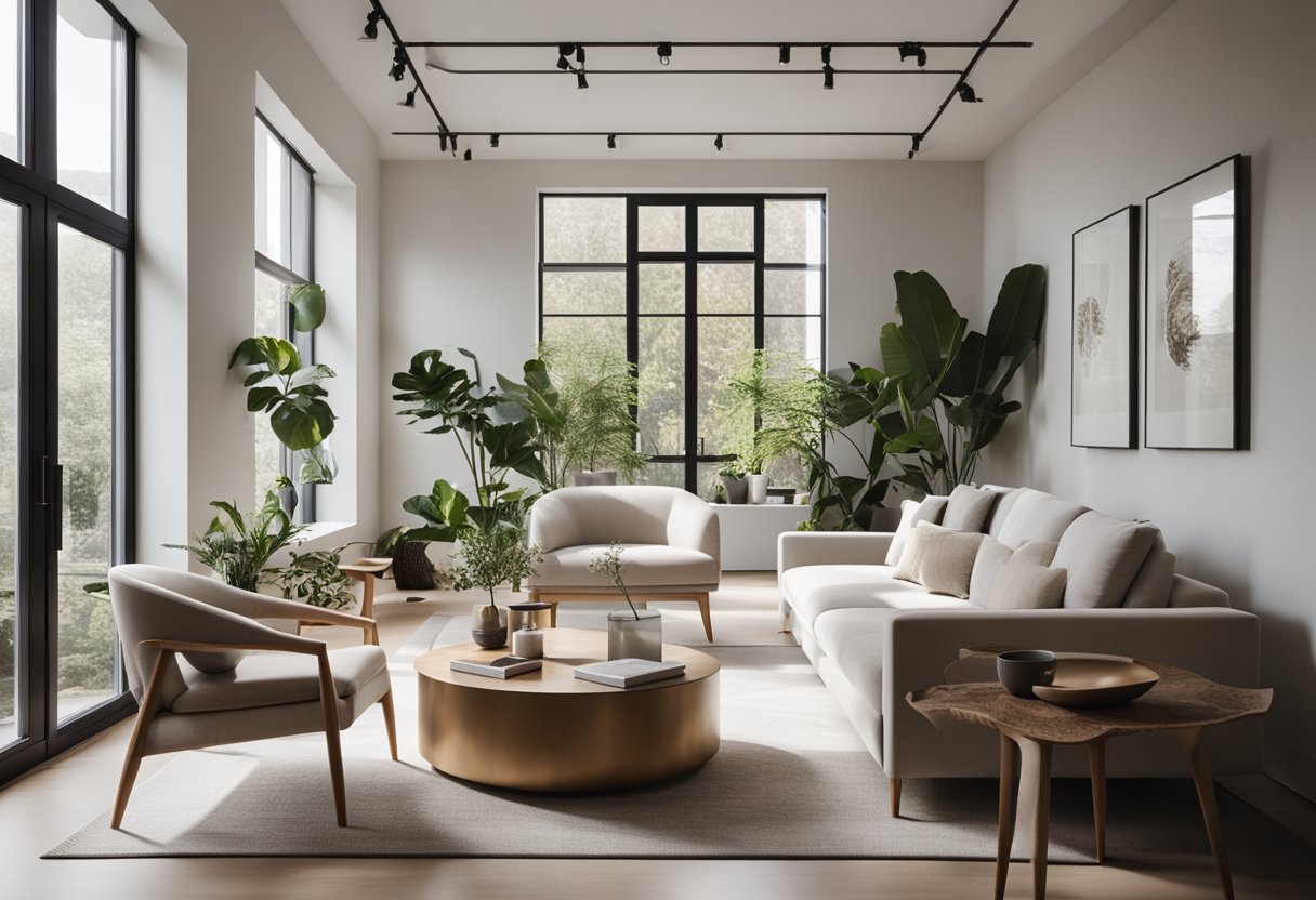 A sleek, minimalist apartment with clean lines, neutral colors, and modern furniture. Large windows let in natural light, and the space is accented with plants and contemporary art