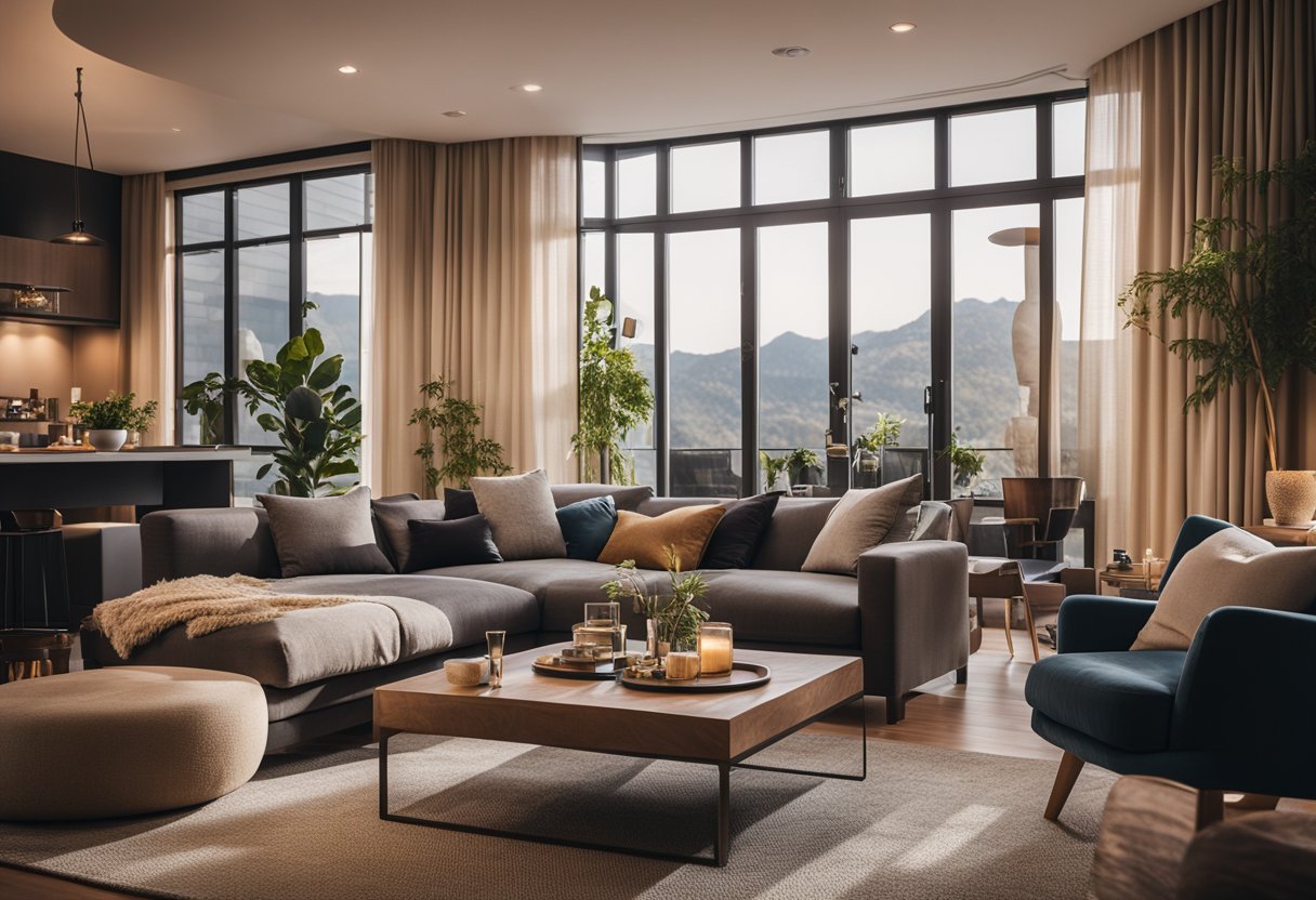 A cozy living room with modern furniture, warm lighting, and stylish decor, creating a welcoming and functional space for relaxation and entertainment