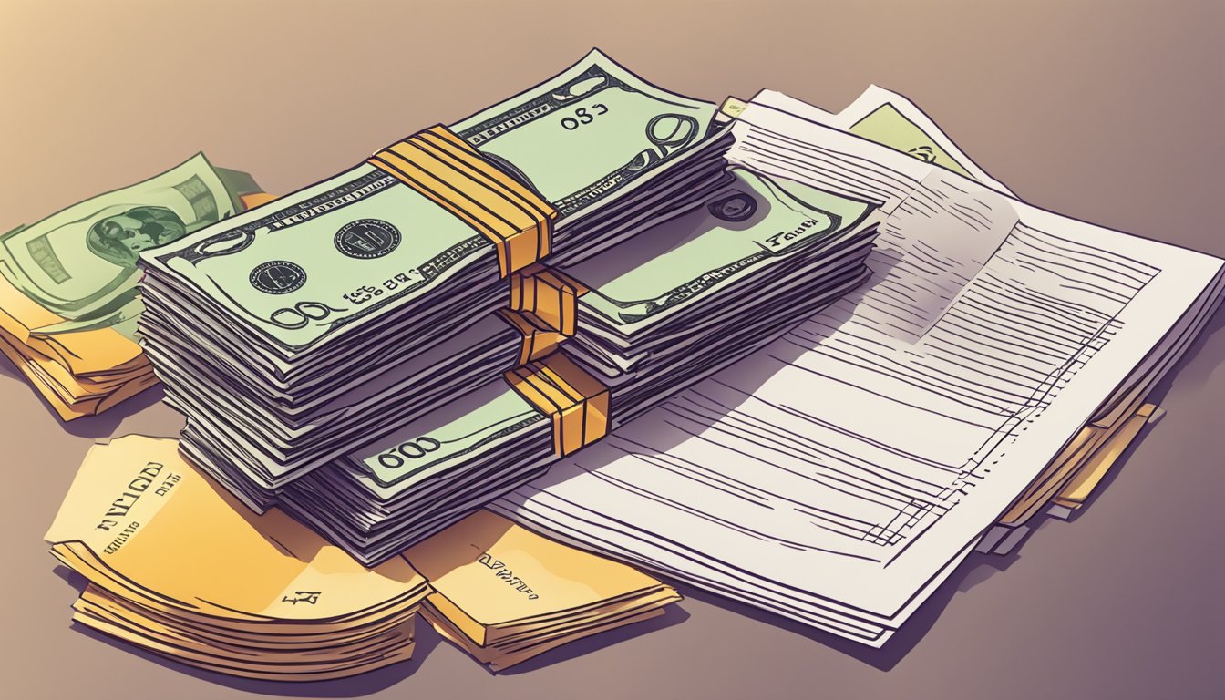 A stack of money with a personal loan contract and a fixed interest rate displayed prominently