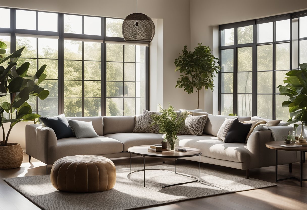 A modern living room with a cozy sofa, stylish coffee table, and soft rug. Sunlight streams in through large windows, highlighting the room's elegant decor and creating a warm, inviting atmosphere