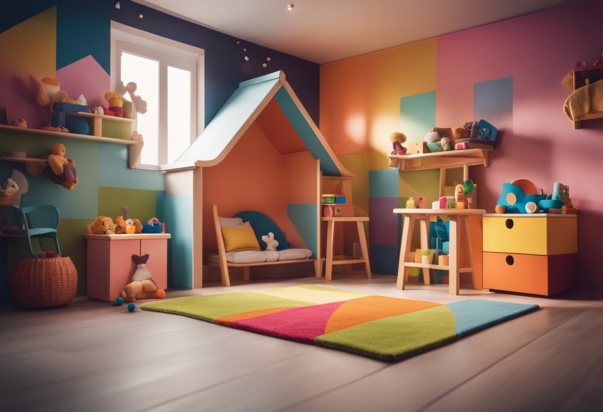 A cozy playhouse interior with colorful walls, a small table and chairs, shelves filled with toys, and a soft rug on the floor
