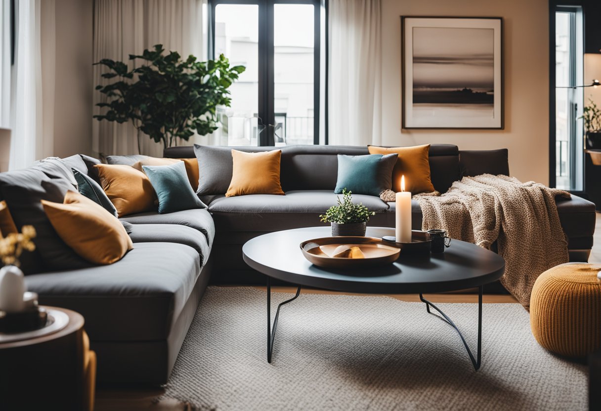 A cozy living room with modern furniture, warm lighting, and vibrant accent colors, creating a welcoming and stylish atmosphere