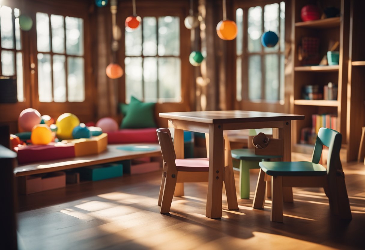 The playhouse interior features a cozy reading nook, a colorful play area, and a small table for crafts. Sunlight streams in through the windows, casting warm shadows on the floor