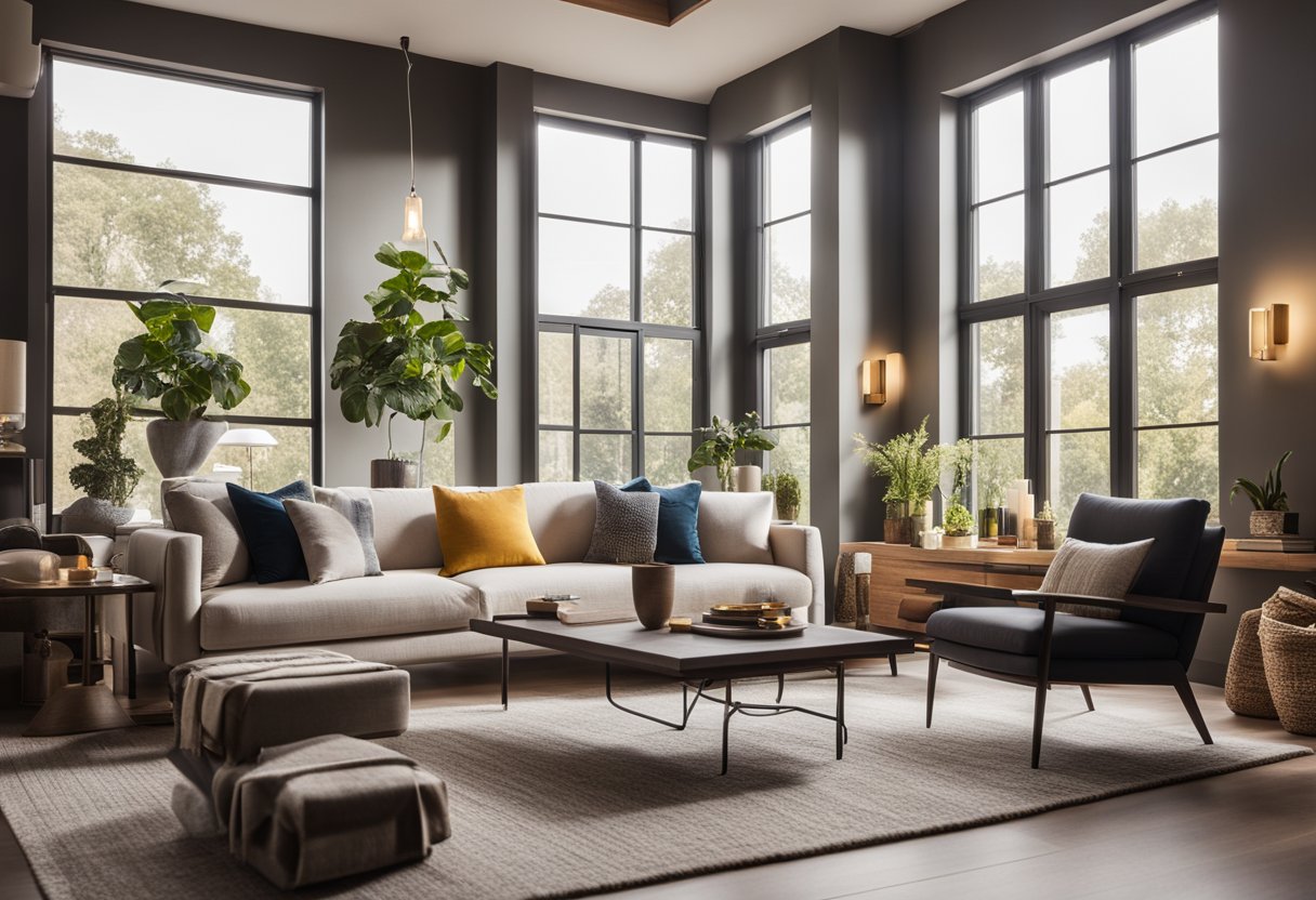 A cozy living room with modern furniture, warm lighting, and vibrant decor. A large window lets in natural light, and a fireplace adds a touch of comfort