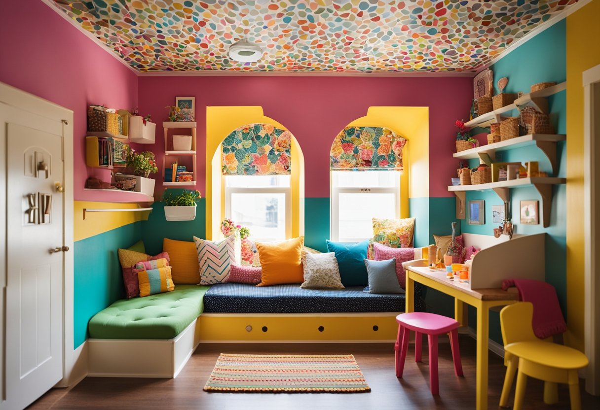The playhouse interior features a cozy reading nook, a mini kitchen, and a craft area with storage for supplies. Bright colors and playful patterns adorn the walls, creating a fun and inviting space for imaginative play