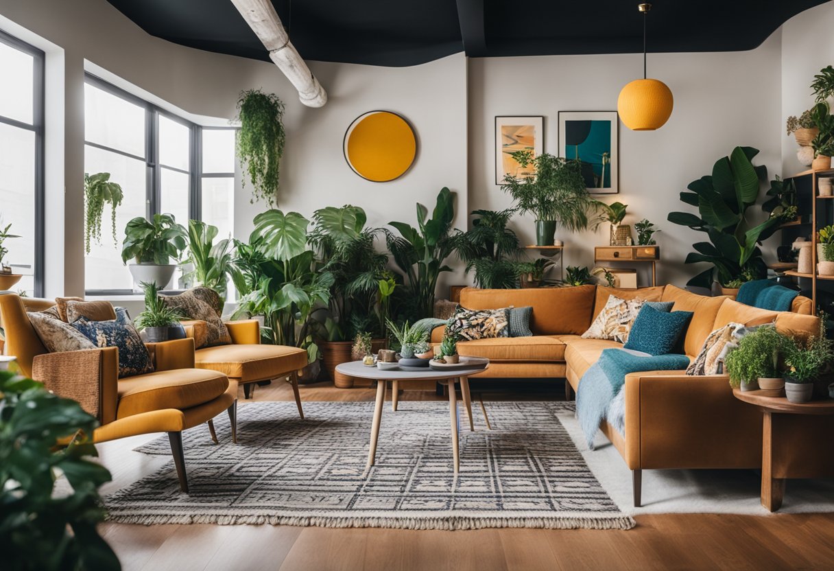 A cozy living room with vibrant colors, eclectic furniture, and hanging plants. A wall adorned with unique art pieces and a mix of patterns and textures throughout the space
