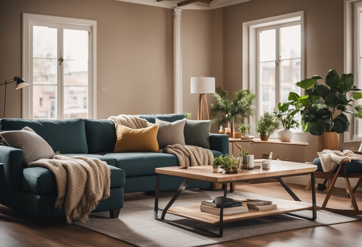 A cozy living room with warm, inviting colors and comfortable furniture, bathed in soft natural light from large windows, creating a welcoming and relaxing atmosphere
