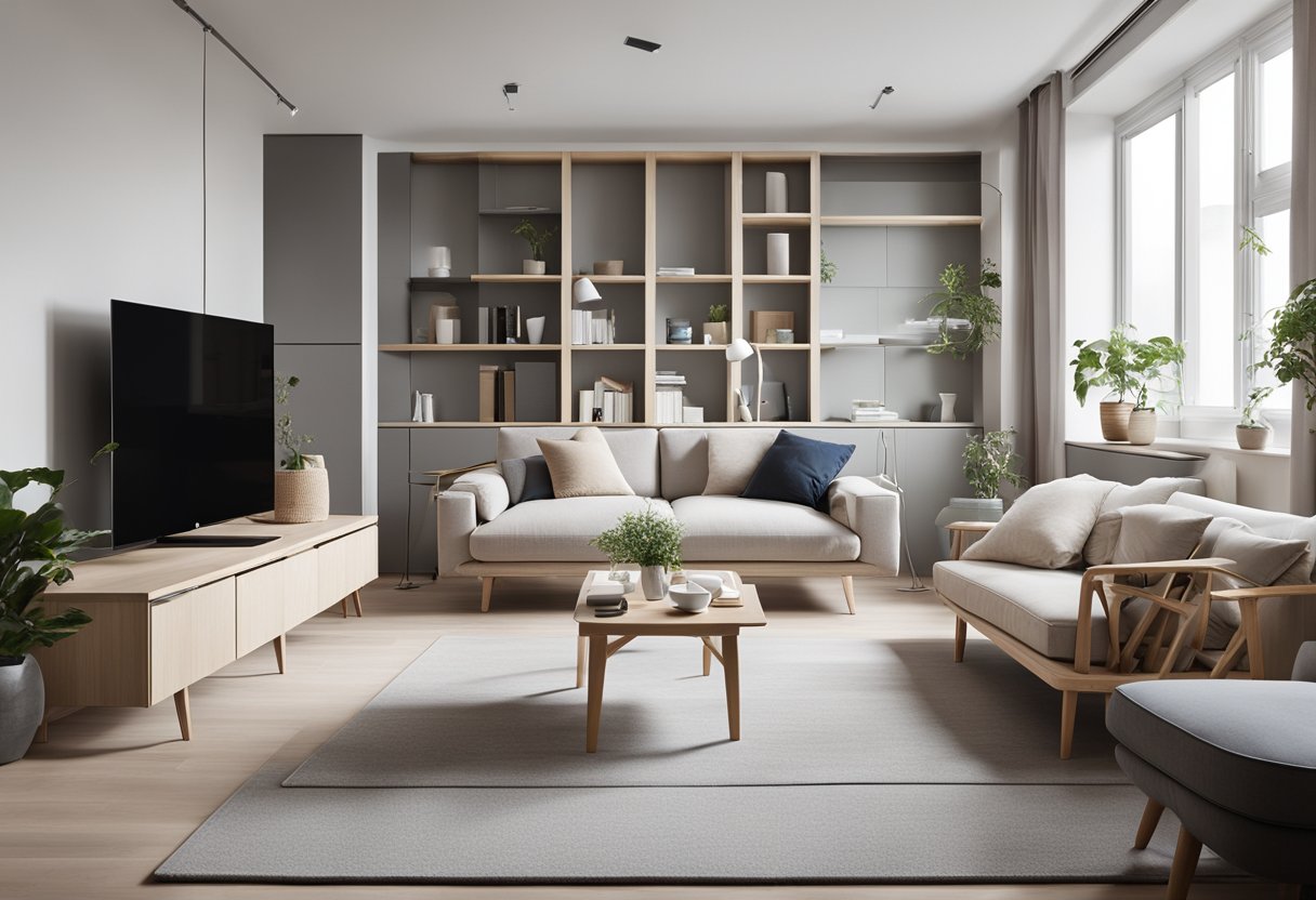 A modern, minimalist apartment with clever storage solutions and multifunctional furniture. Clean lines, neutral colors, and natural light create a sense of spaciousness