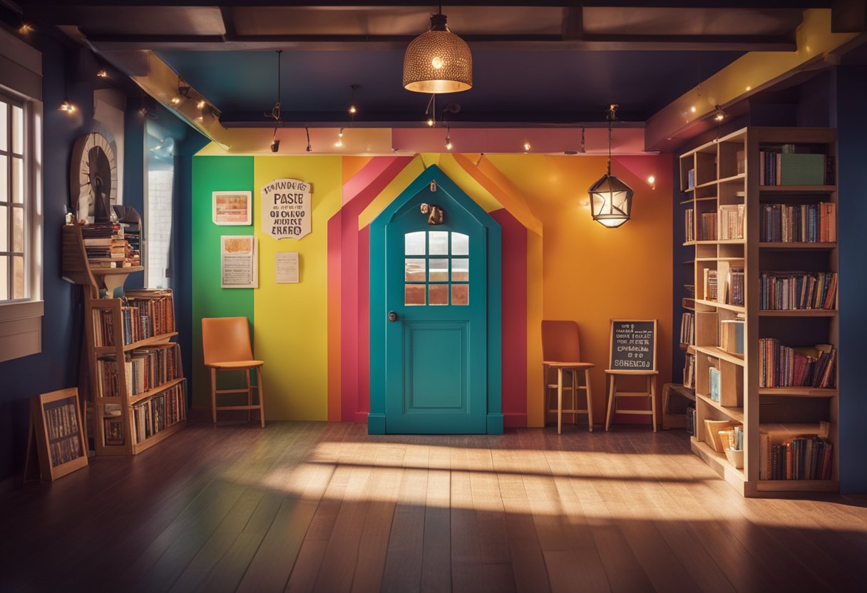 The playhouse interior features colorful walls, cozy seating, and a whimsical bookshelf. A large "Frequently Asked Questions" sign hangs above the entrance