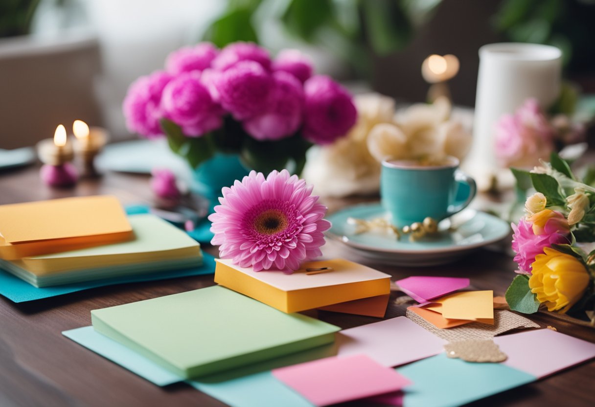 A table with colorful craft supplies, flowers, and handmade cards for Mother's Day