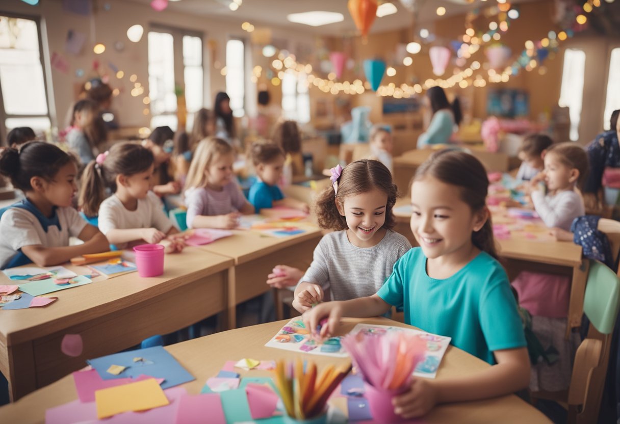 A classroom filled with children creating handmade cards and gifts for Mother's Day, surrounded by colorful decorations and drawings of mothers and children