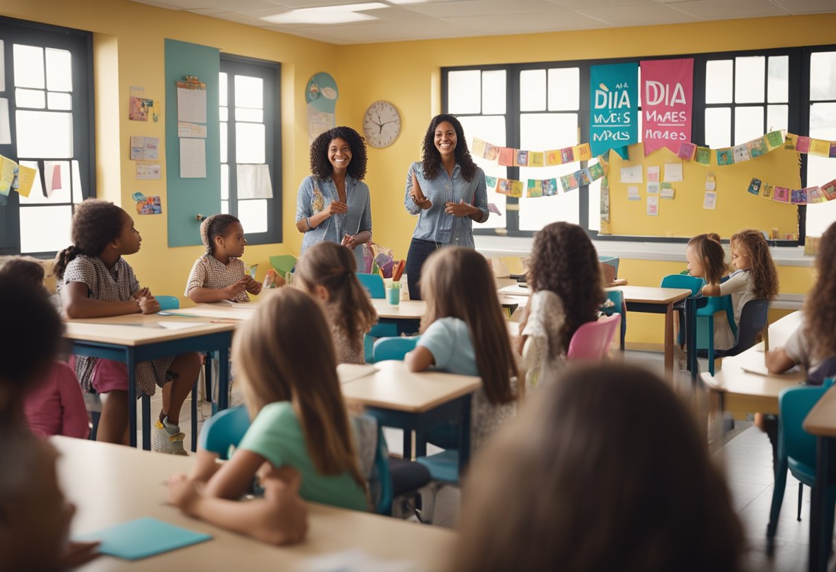 A colorful classroom with a "Dia das Mães" banner, students crafting cards, and a teacher leading a discussion on motherhood