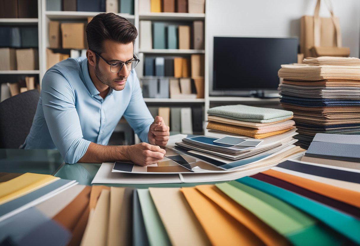 An interior designer surrounded by color swatches, fabric samples, and furniture catalogs, pondering design choices