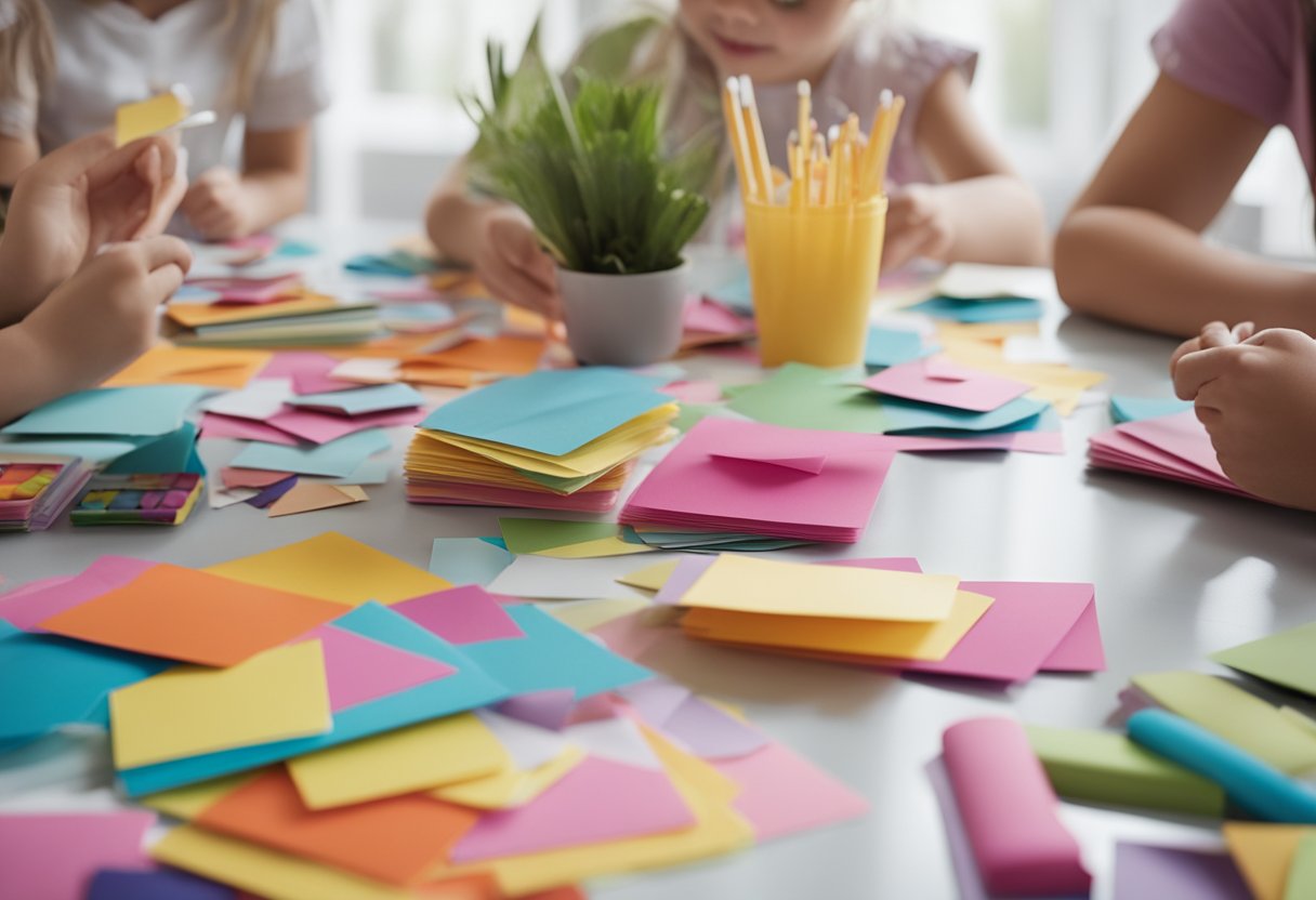 A table covered in colorful art supplies and paper, with handmade Mother's Day cards scattered around. A group of children laughing and creating together