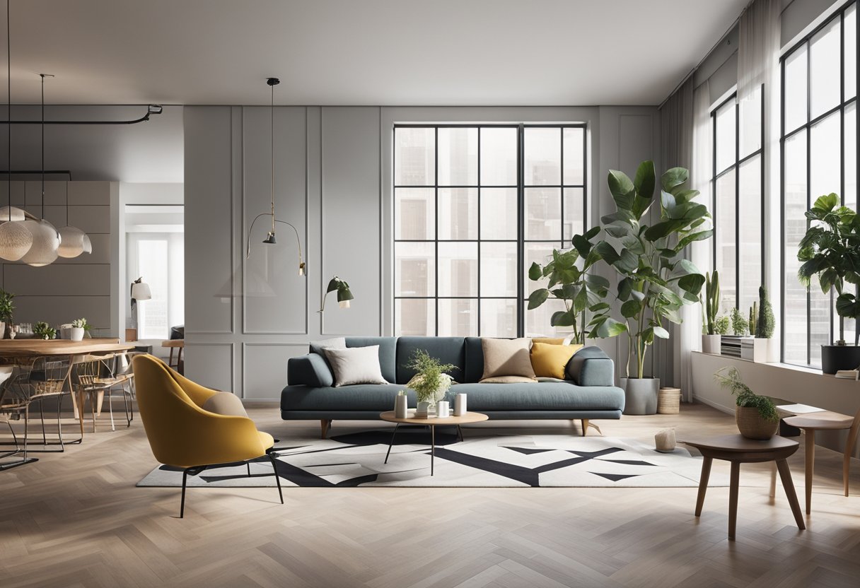A modern, open-concept living space with sleek, minimalist furniture and bold, geometric patterns on the walls and floors. The room is flooded with natural light, creating a bright and airy atmosphere
