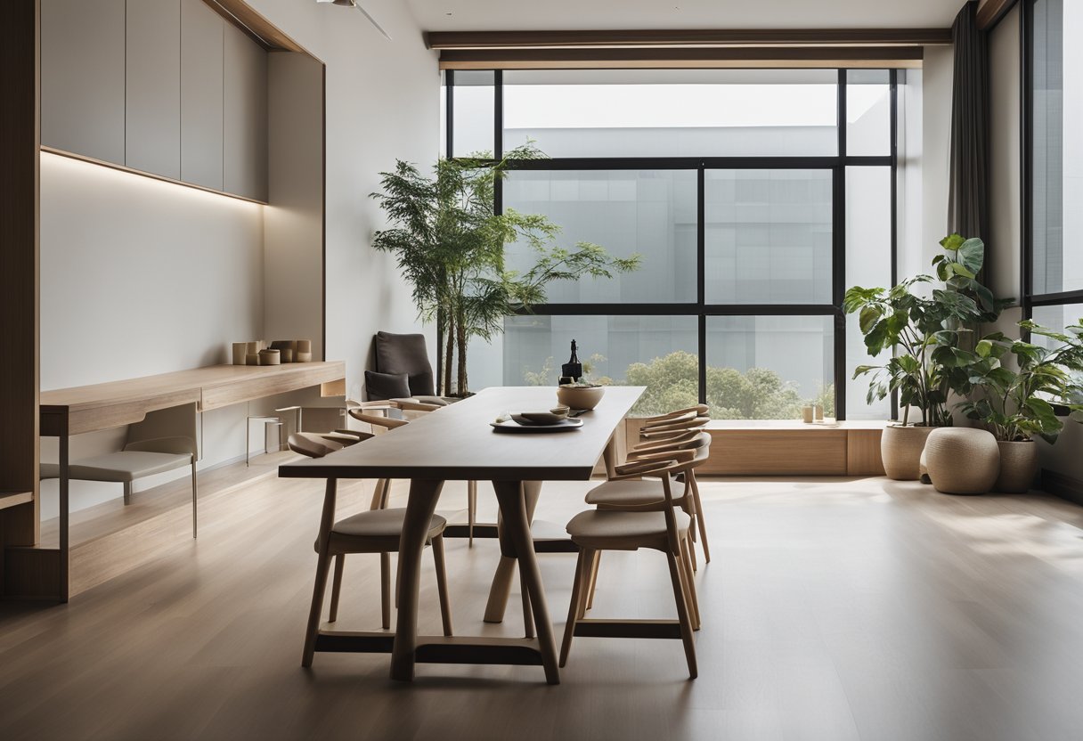 A modern, minimalist Korean interior with sleek furniture, clean lines, and a neutral color palette. Accents of traditional Korean design elements add warmth and authenticity