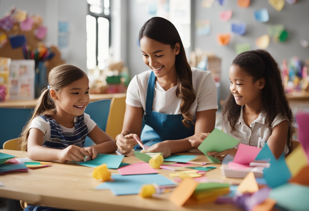 A group of children and their teacher are gathered around a table, creating handmade cards and gifts for Mother's Day. The room is filled with colorful paper, markers, and craft supplies