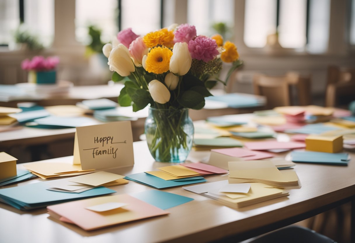 A classroom filled with colorful handmade cards, flowers, and heartwarming letters for Mother's Day. Books about love and family are scattered on the desks