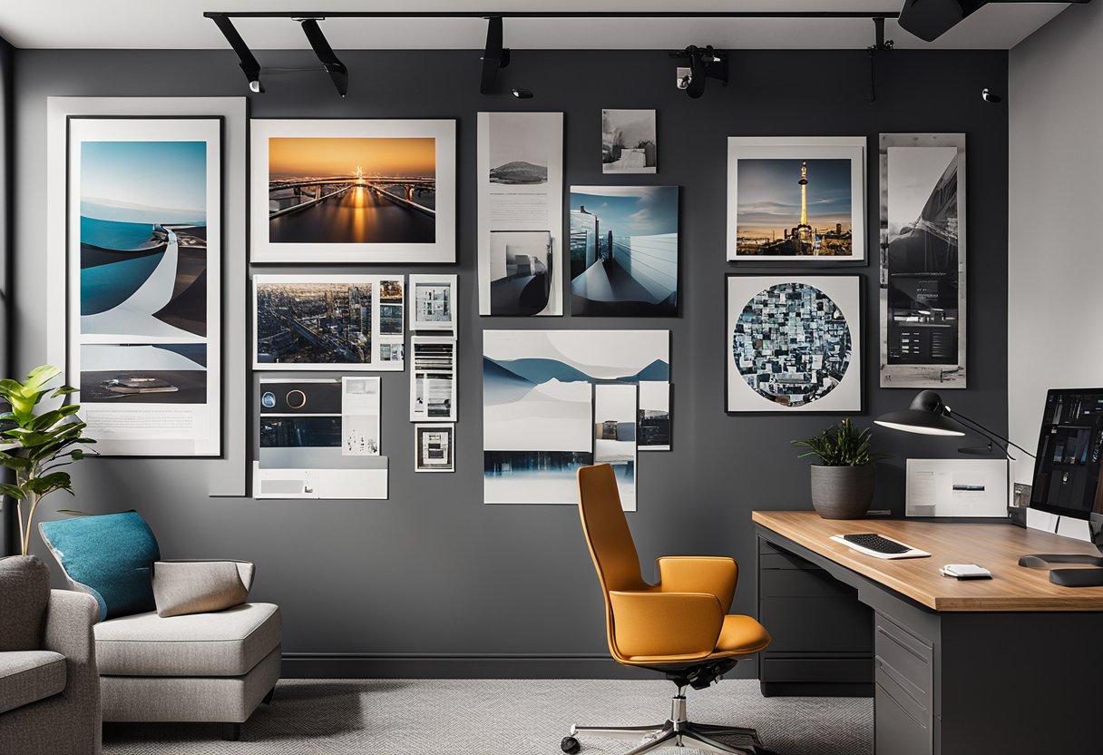 A modern office space with sleek furniture, vibrant color schemes, and innovative design elements. A mood board and sketches adorn the walls, showcasing Jason's creative process