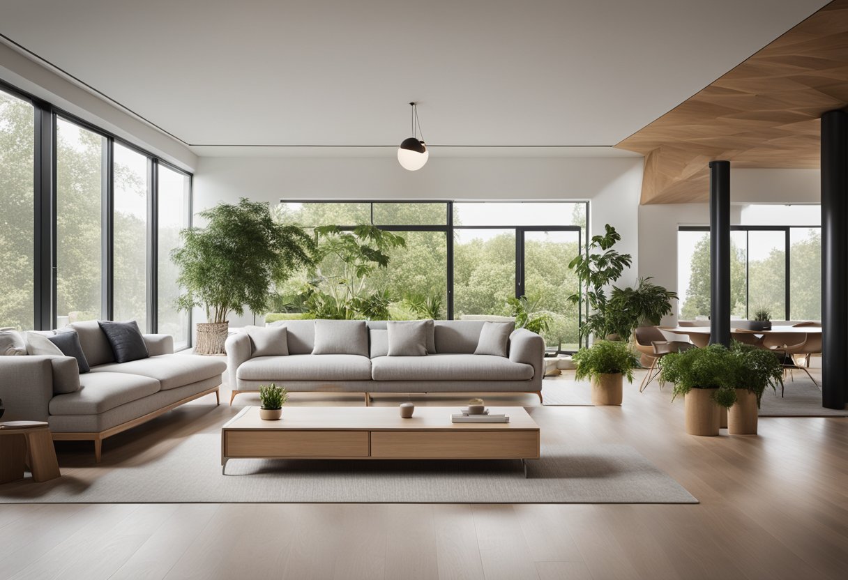 A spacious, minimalist living room with modular furniture, sustainable materials, and integrated technology. Biophilic design elements, such as living walls and natural light, create a harmonious, eco-friendly space