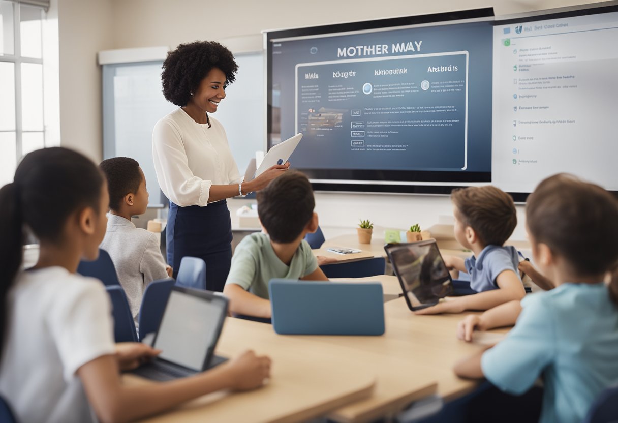 Students using tablets and interactive whiteboards in a classroom, with a Mother's Day themed lesson plan displayed on the screen