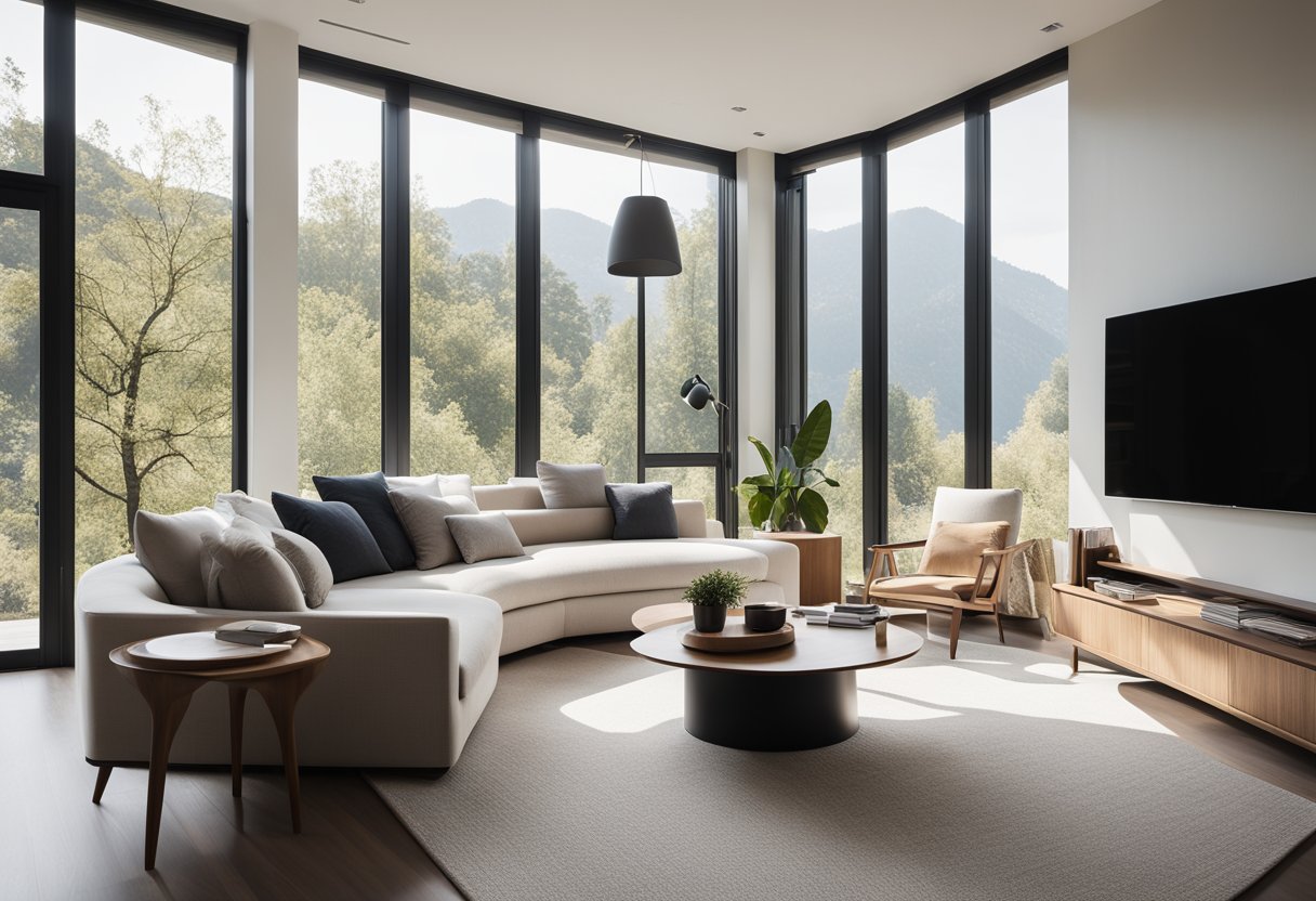 A modern, minimalist living room with sleek furniture, neutral colors, and pops of vibrant, Korean-inspired decor. Large windows let in natural light, and a cozy reading nook invites relaxation
