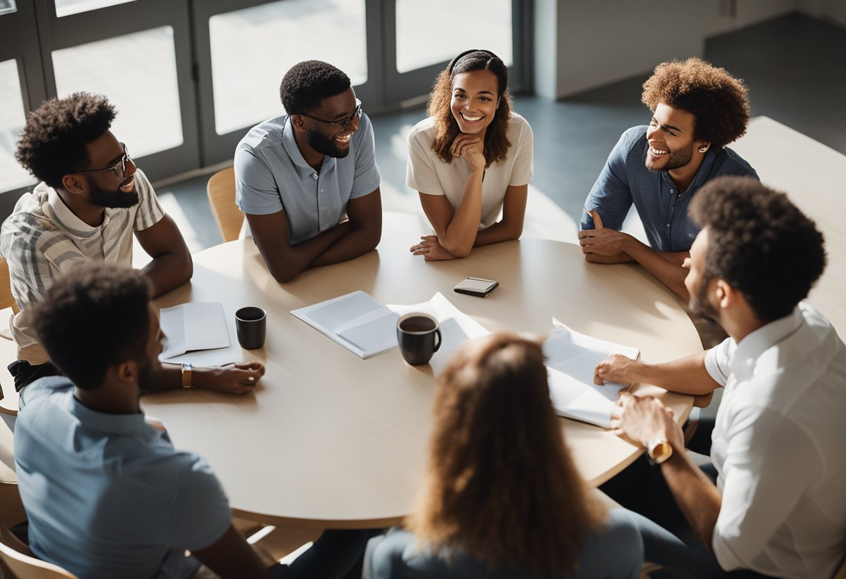 A group of people engage in lively discussions and conversations in a circle, with a focus on lesson plans for Mother's Day