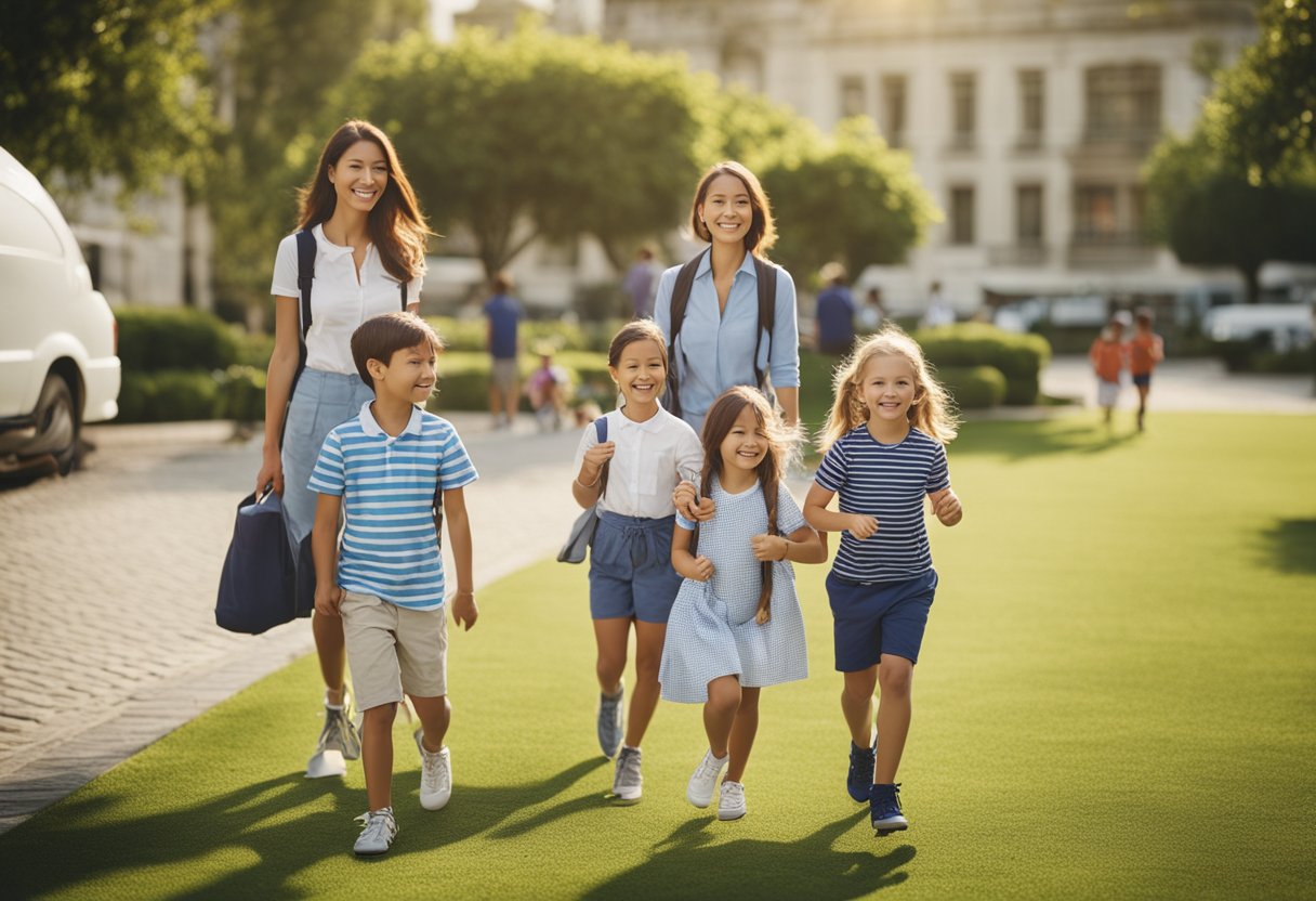 A group of children and teachers are outdoors, engaging in various activities and excursions to celebrate Mother's Day