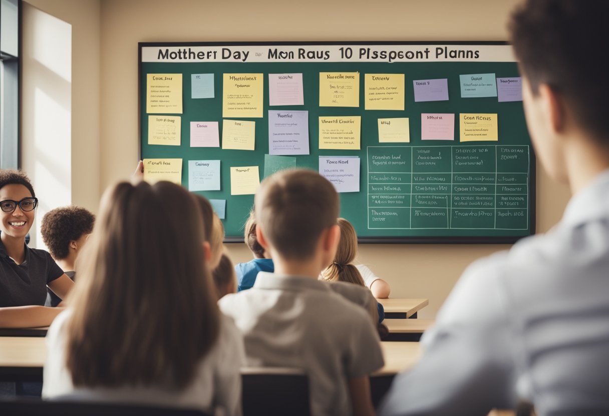 A classroom with 10 lesson plans on Mother's Day displayed on the board, while students give feedback and evaluations