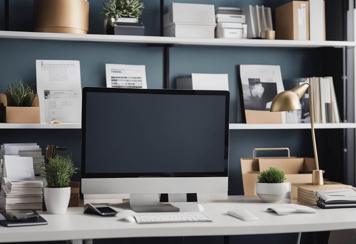 An organized desk with a computer, design sketches, and a mood board. A bookshelf filled with design books and a stylish chair. Bright, modern office space