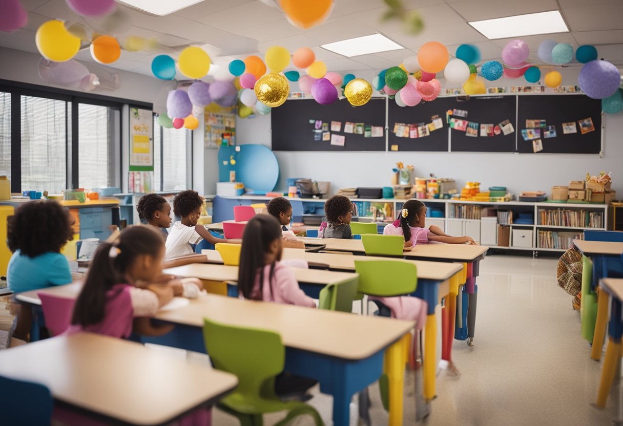 A classroom with colorful decorations, students working on Mother's Day lesson plans, and a teacher guiding the activity