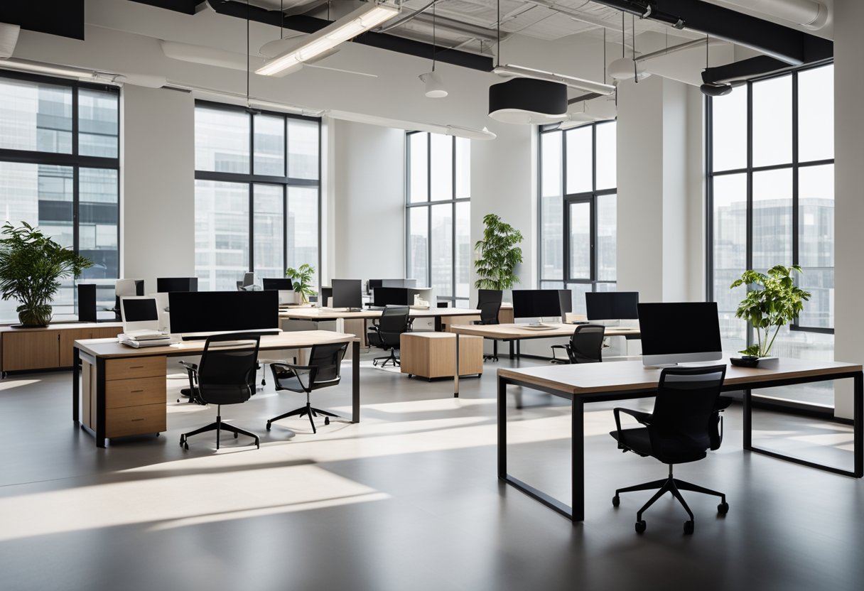 A sleek, modern office space with high ceilings, large windows, and minimalist furniture arranged in a clean, open layout. The room is bathed in natural light, creating a bright and airy atmosphere