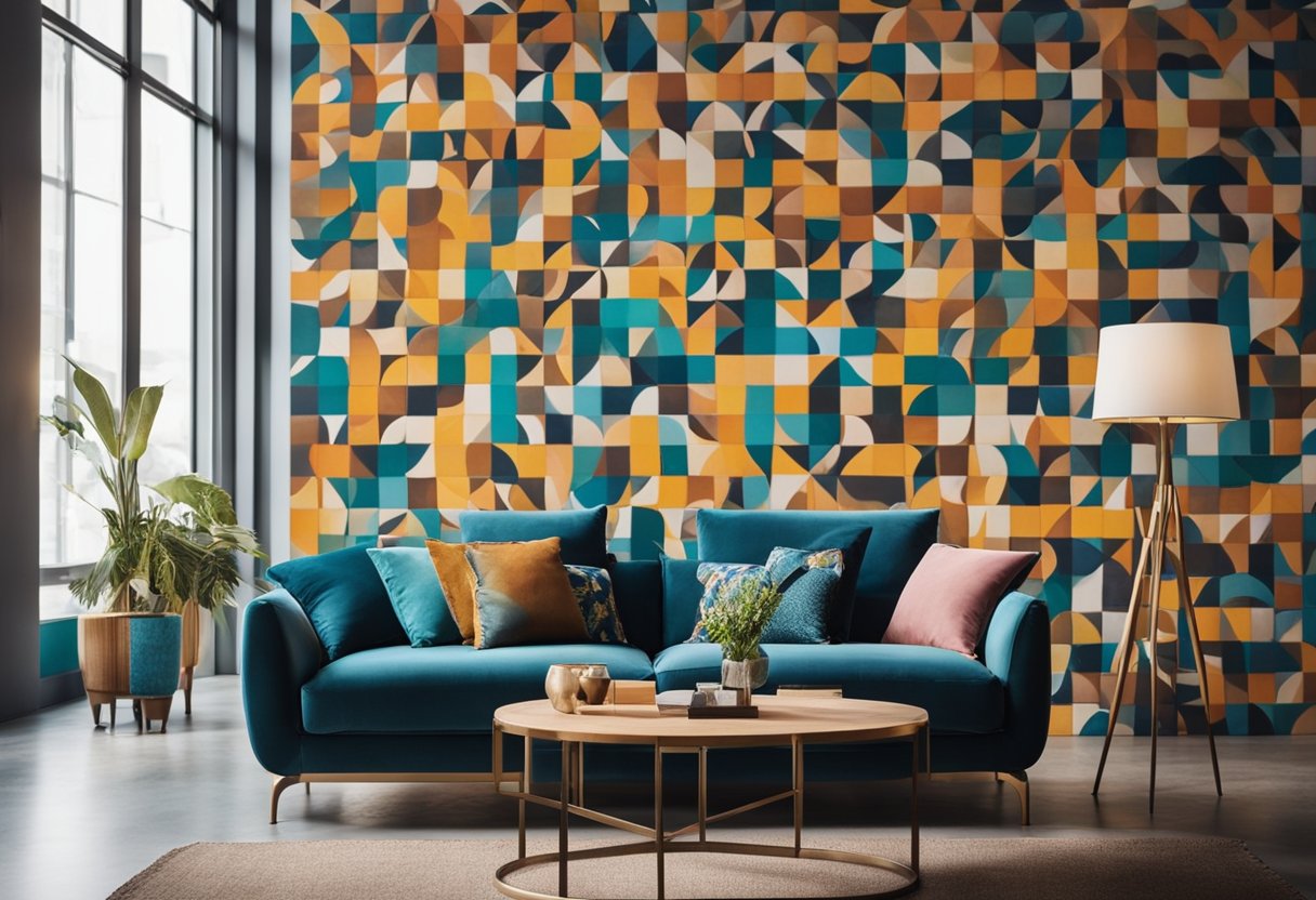 A room with colorful, abstract furniture and bold patterns. A large, eye-catching mural on the wall displays various interior design concepts