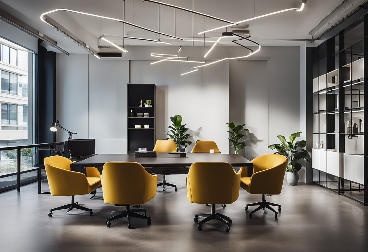 A sleek, modern office space with clean lines and pops of color. High-end furniture and unique lighting fixtures create a sophisticated atmosphere