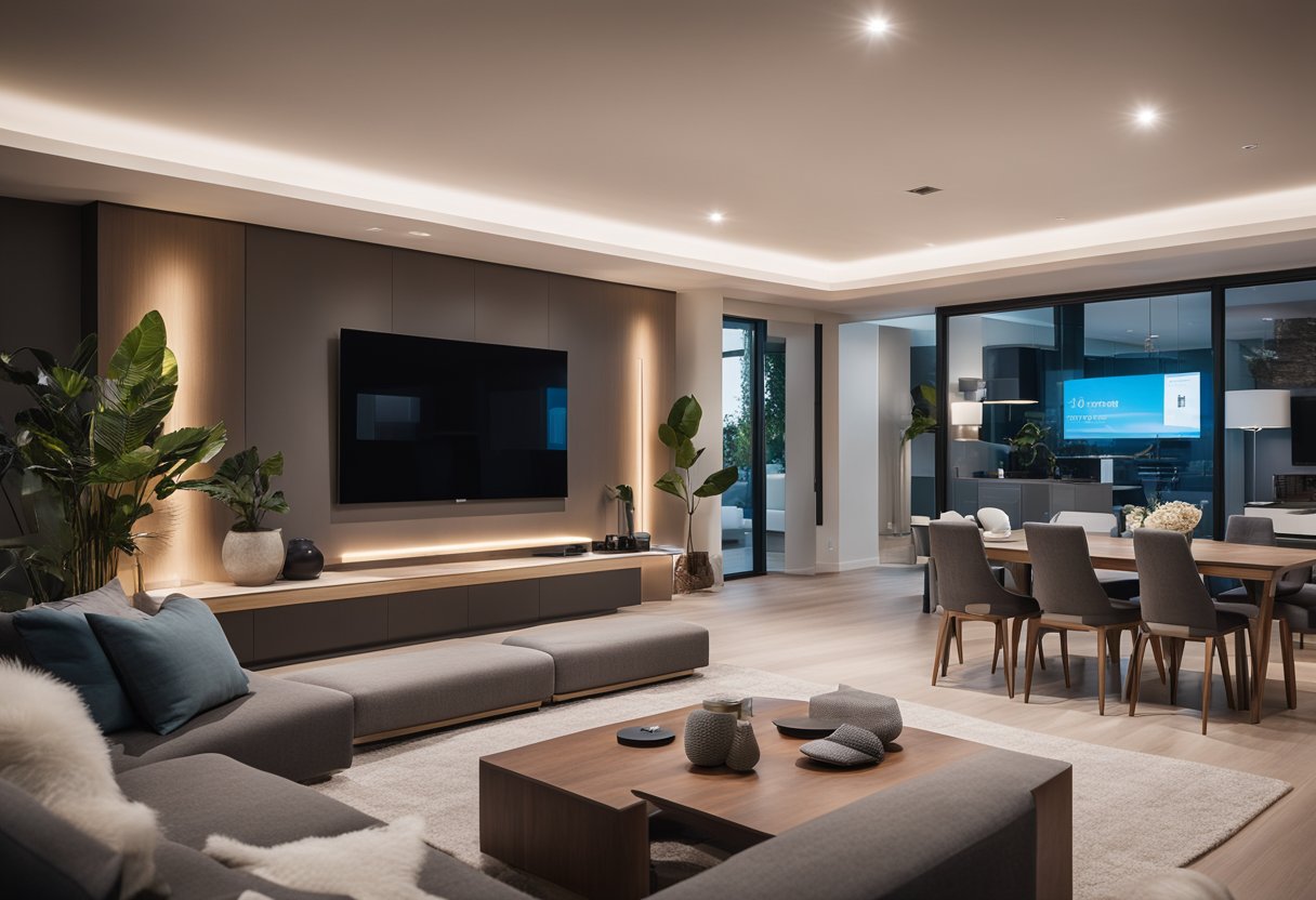 A smart home with integrated technology, such as voice-activated lighting and temperature control, seamlessly blending with modern furniture and decor