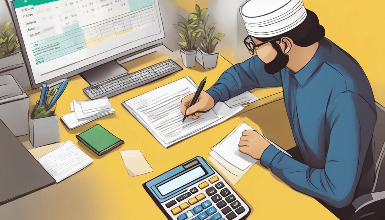 A person sitting at a desk, filling out paperwork for a Maybank personal loan Islamic, with a calculator and pen nearby