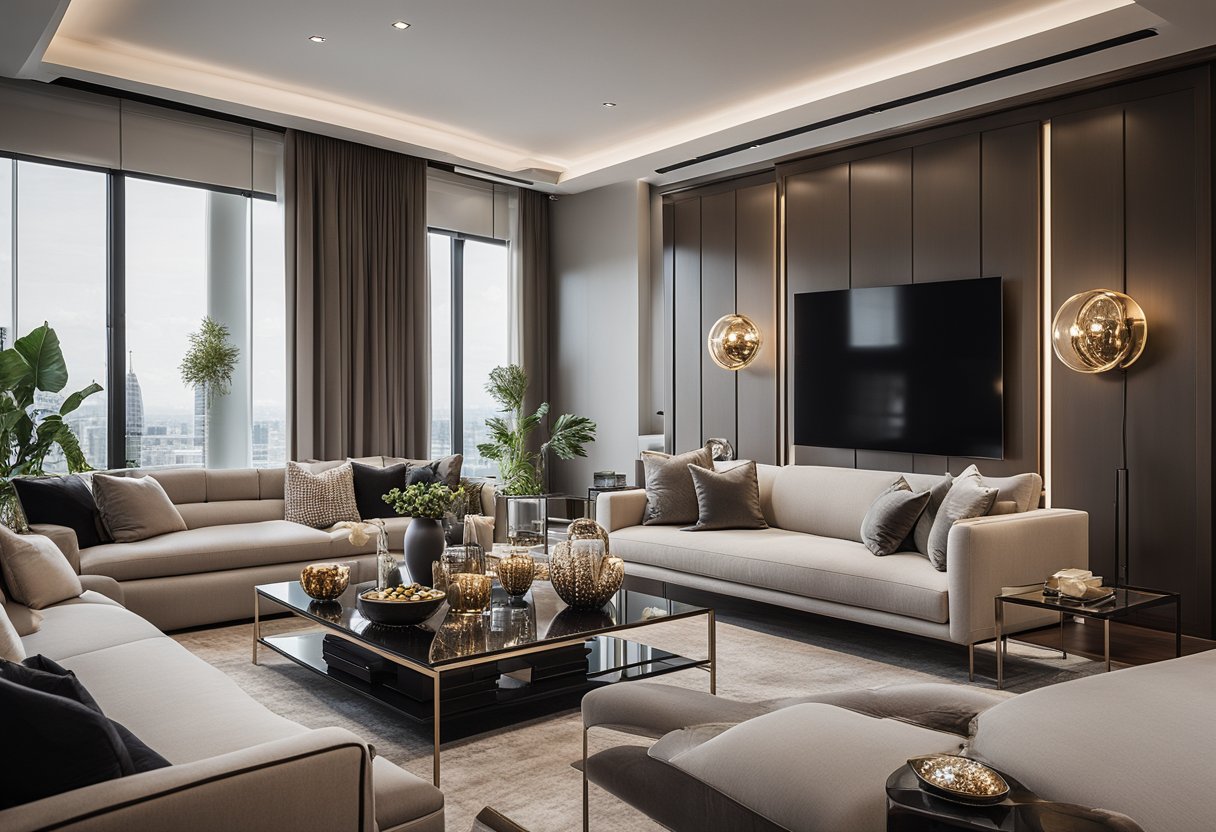 A luxurious, modern living room with sleek furniture and elegant decor, showcasing awards and accolades from top interior design companies