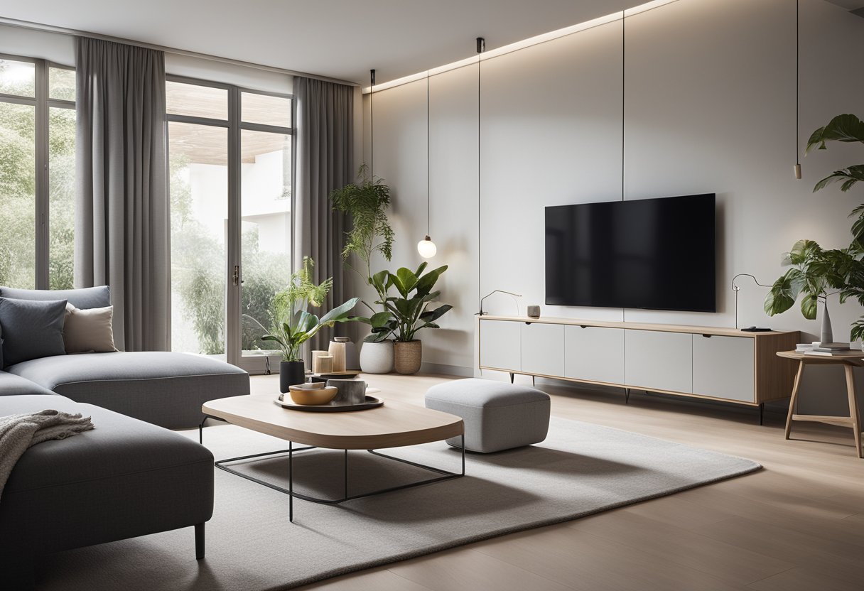 A spacious, minimalist living room with modular furniture, natural light, and integrated smart technology. Biophilic design elements, sustainable materials, and adaptable spaces reflect the fusion of aesthetics and functionality in future interior design trends