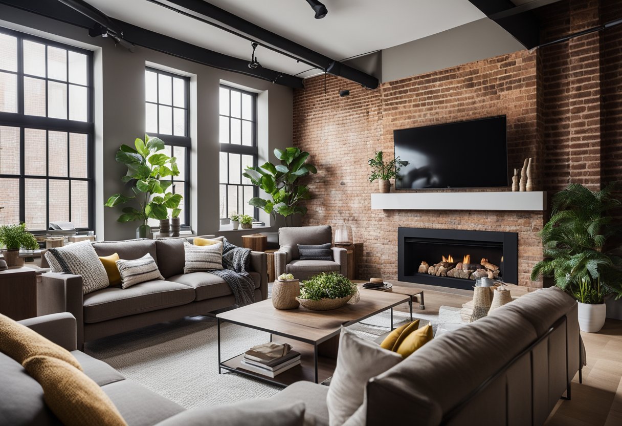 A cozy living room with exposed brick walls, high ceilings, and large windows. The room is filled with comfortable furniture in neutral tones, accented with pops of color in the form of vibrant pillows and artwork