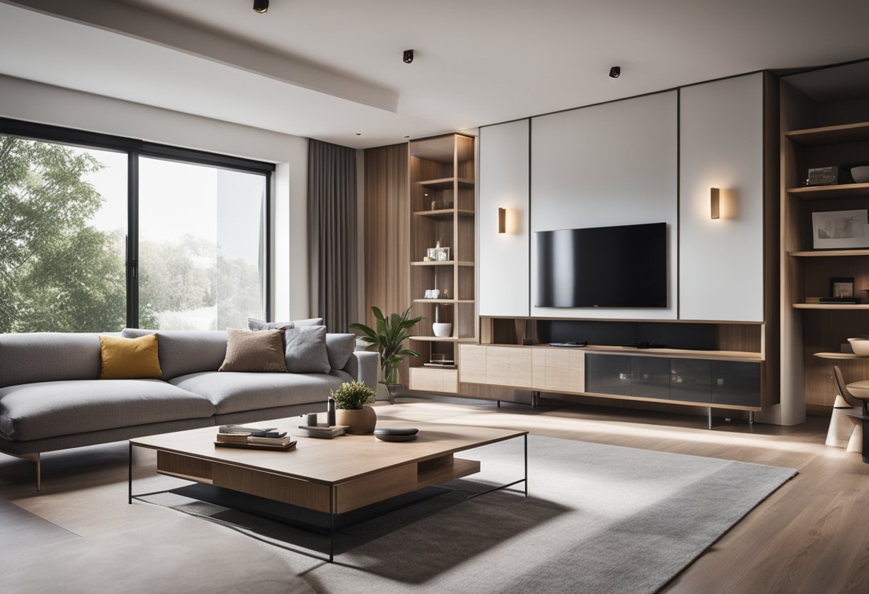 A modern living room with a minimalist aesthetic, featuring clean lines, neutral colors, and a mix of textures such as wood, metal, and fabric