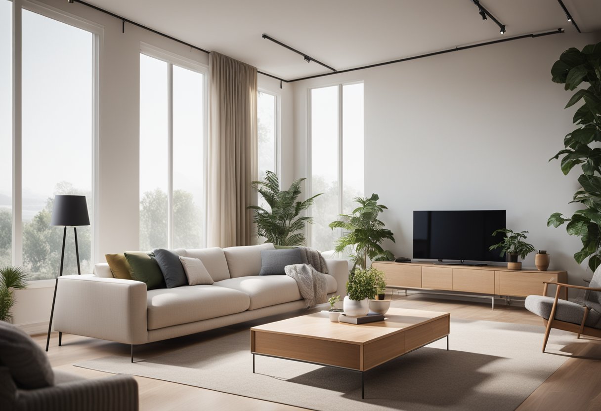 A modern, minimalist living room with sustainable materials and smart technology. Biophilic design elements and natural light create a harmonious, eco-friendly space