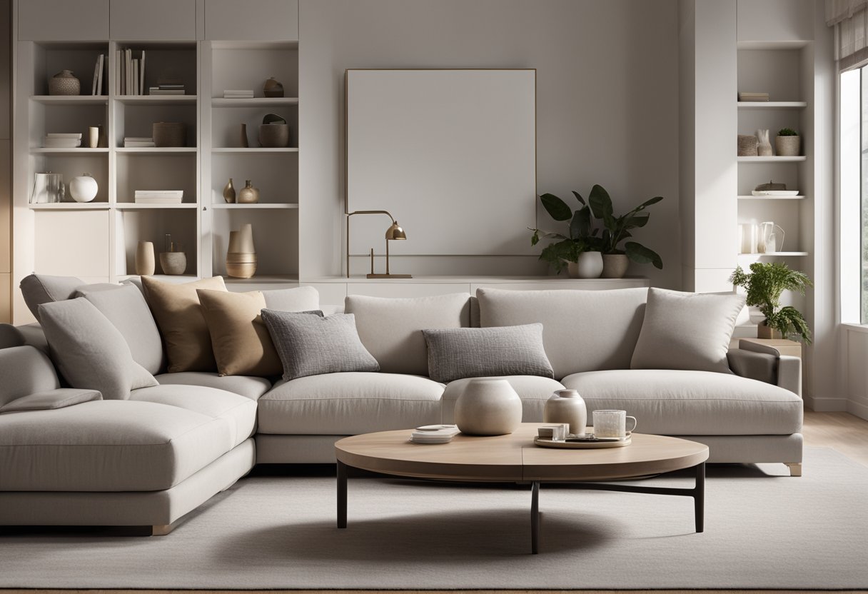 A modern living room with clean lines, neutral colors, and natural light filtering through large windows. Minimalist furniture and a few carefully chosen decorative pieces create a sense of calm and sophistication