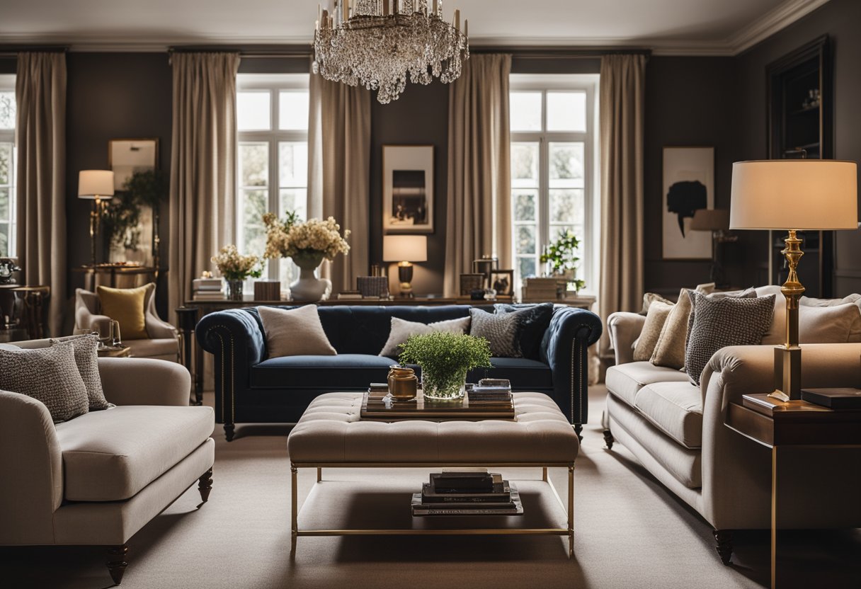 A cozy living room with plush sofas, elegant coffee tables, and classic British decor. Rich, warm colors and traditional patterns create a sophisticated yet inviting atmosphere