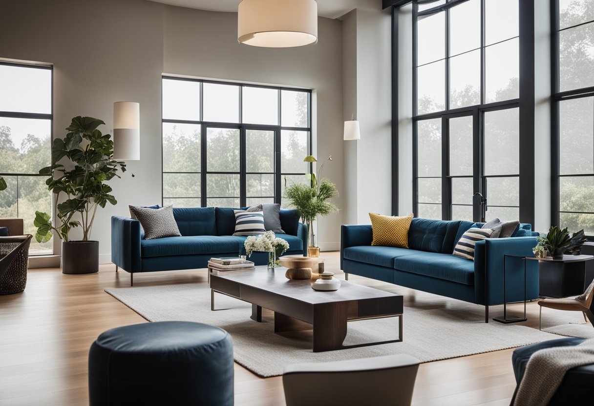 A modern living room with clean lines, bold colors, and geometric patterns. Large windows let in natural light, showcasing sleek furniture and minimalist decor