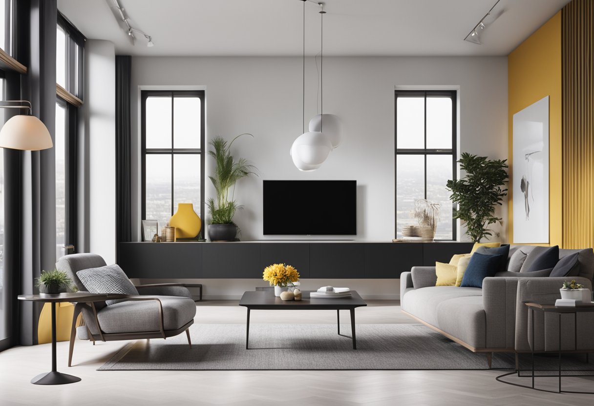 A modern and sleek interior design with clean lines, minimalist furniture, and pops of vibrant color creating a welcoming and sophisticated atmosphere