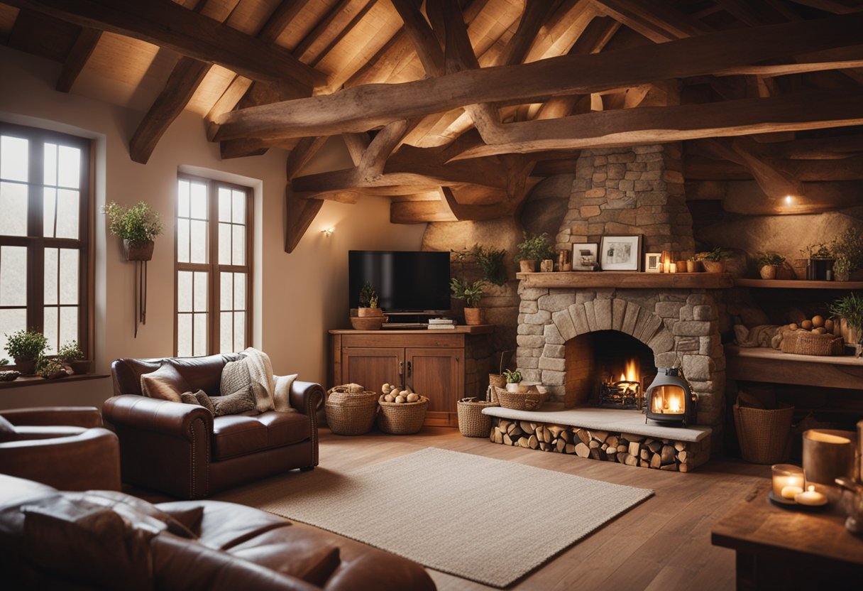 A cozy, rustic cottage interior with exposed wooden beams, stone fireplace, vintage furniture, and warm, earthy color palette