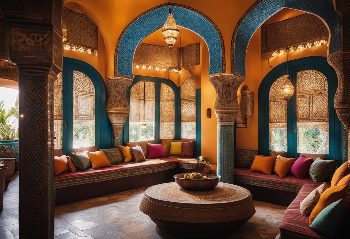 A vibrant Marrakech-style interior with colorful tiles, intricate patterns, and ornate lanterns. Rich textiles and plush cushions adorn low-slung seating, while archways and carved wood accents add to the exotic ambiance