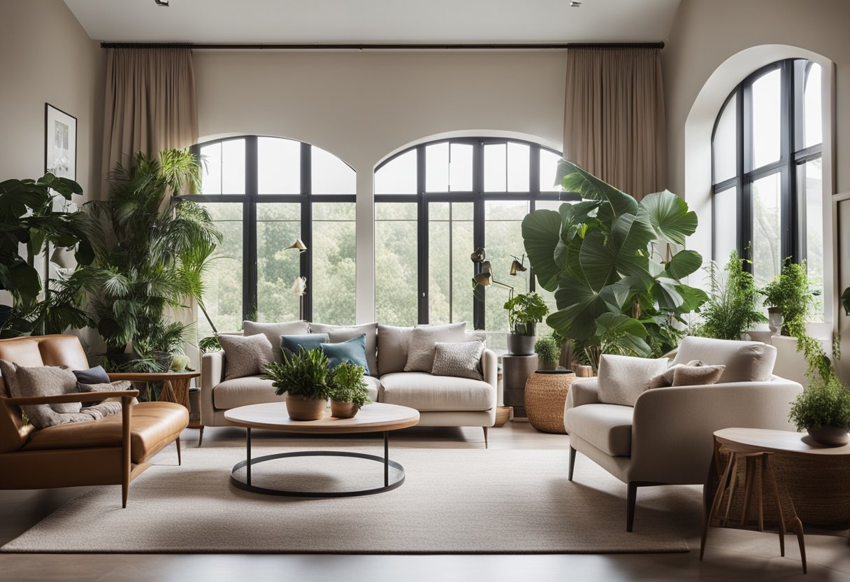 A cozy living room with modern furniture, clean lines, and a mix of neutral and bold colors. Large windows let in natural light, and there are potted plants and artwork on the walls
