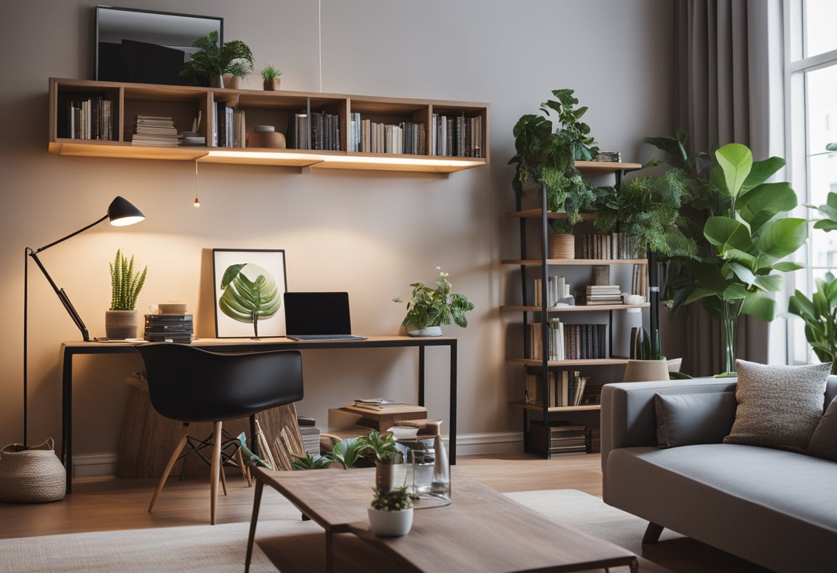 A cozy living room with modern furniture, warm lighting, and plants. A bookshelf filled with design books and a laptop on a sleek desk