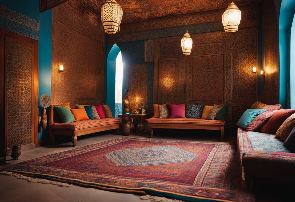 A vibrant Moroccan rug lies on the floor, surrounded by colorful cushions and low-slung furniture. Intricately patterned tiles adorn the walls and floors, while ornate lanterns cast a warm glow throughout the space